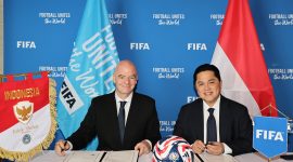 MIAMI, FLORIDA - JUNE 17: FIFA President Gianni Infantino and Football Association of Indonesia President Erick Thorir during signing ceremony on June 17, 2025 in Miami, Florida. (Photo by Carmen Mandato - FIFA/FIFA via Getty Images)